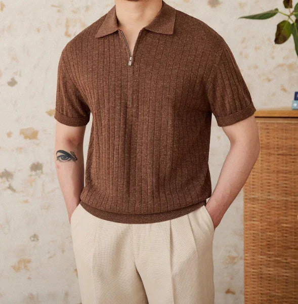 Linen Blend Lapel Zipper Sunken Stripe Short Sleeve - VAleG