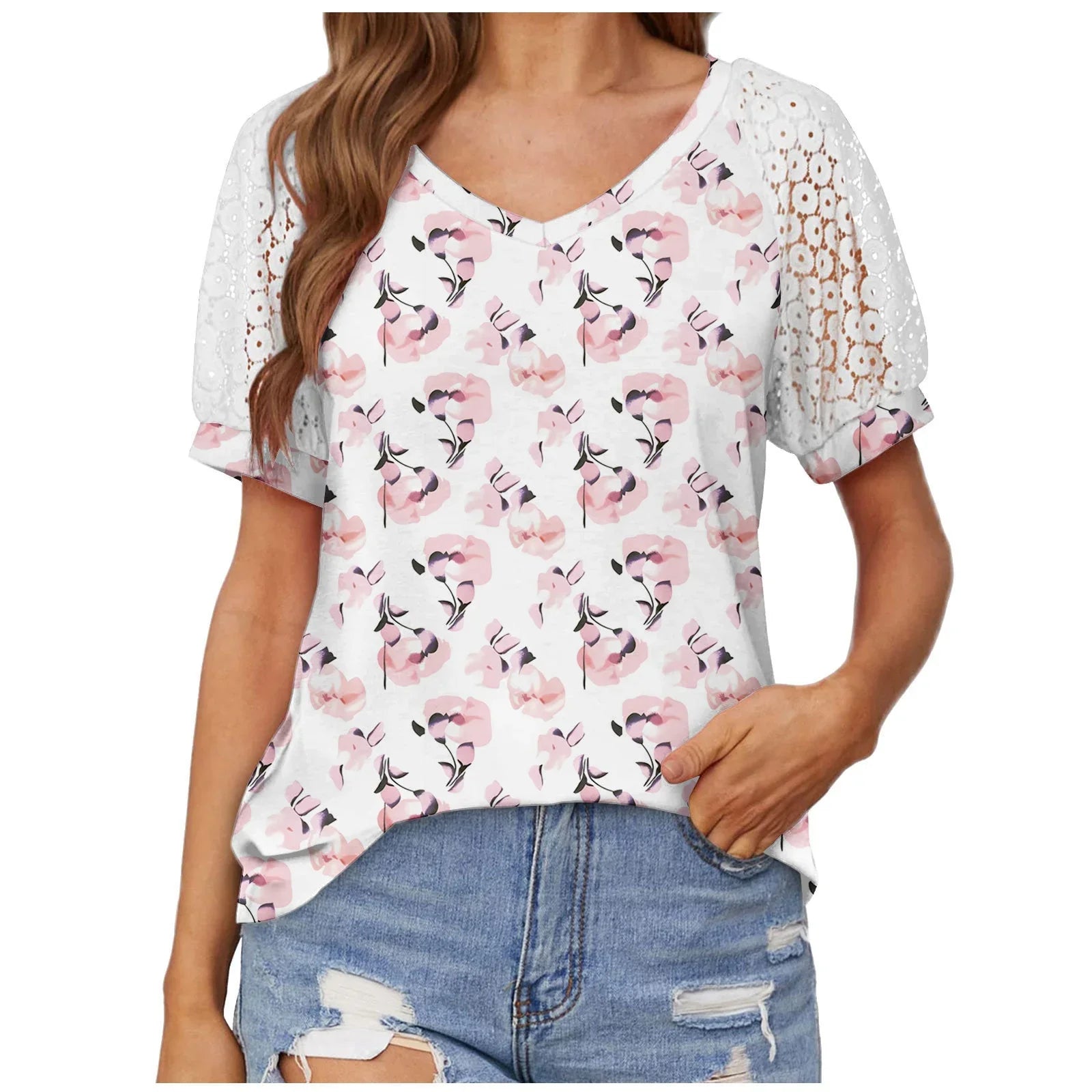 V-neck Lace Stitching Casual T-shirt For Women - VAleG