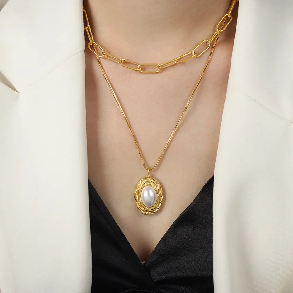 Inlaid Pearl Double-Layered Titanium Steel Necklace - VAleG