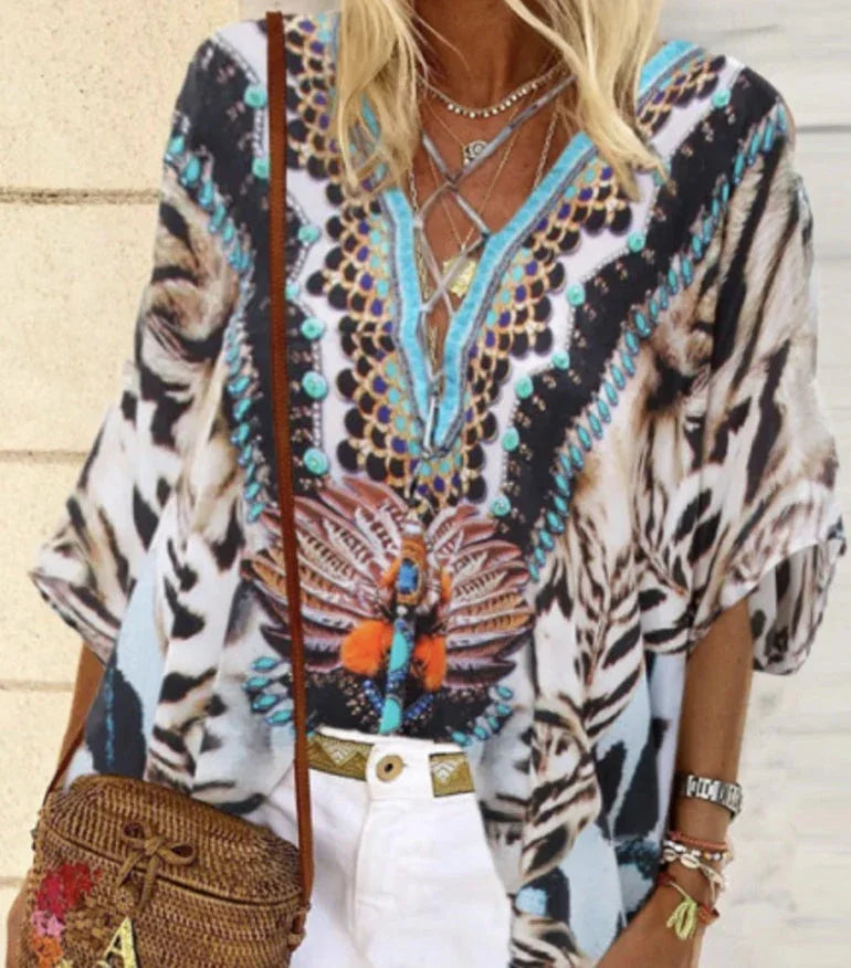 V-neck print comfortable top - VAleG