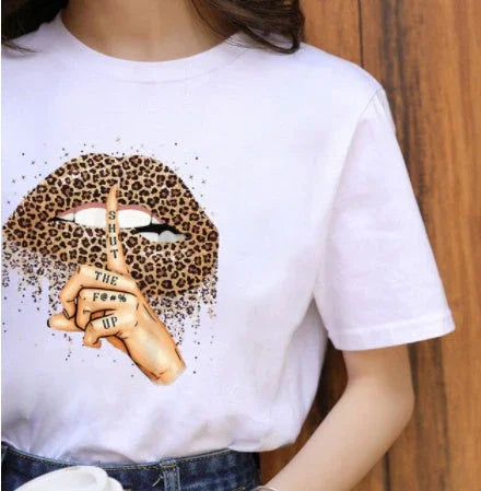 Leopard Print Love Lip Print Fashion Western Style Summer Ladies Print Short-sleeved T-shirt Top - VAleG