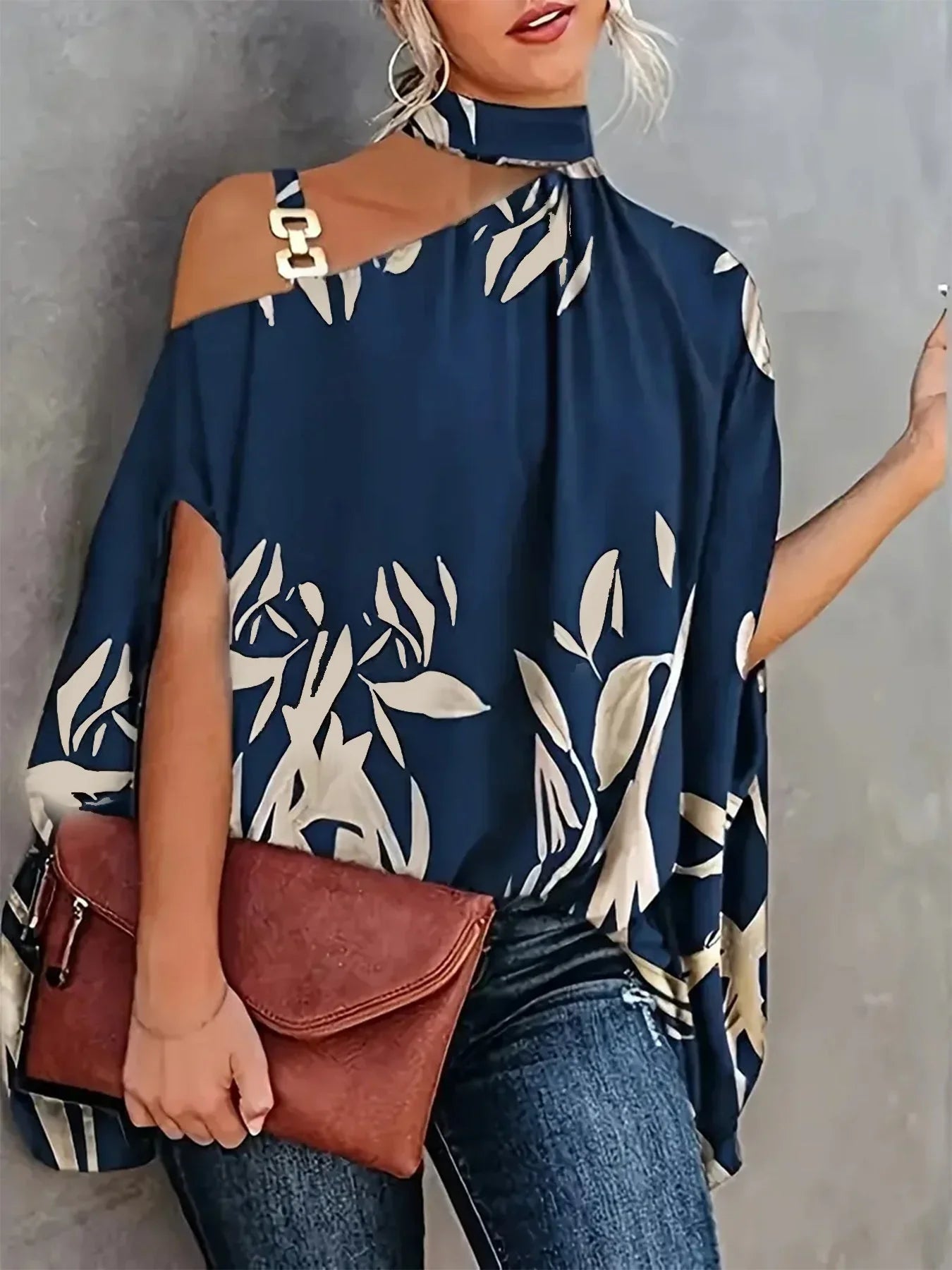 Leaves Print One Shoulder Blouse, Elegant Chain Strap Mock Neck Short Sleeve Blouse For Spring & Summer, Women's Clothing - VAleG