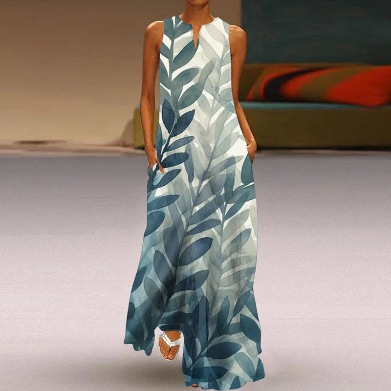 Printed V-neck Pocket Long Dress Swing - VAleG