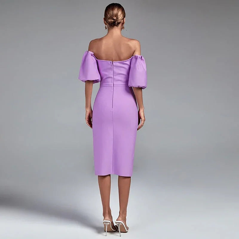 Women's Solid Color Lantern Sleeve Bandage Dress - VAleG
