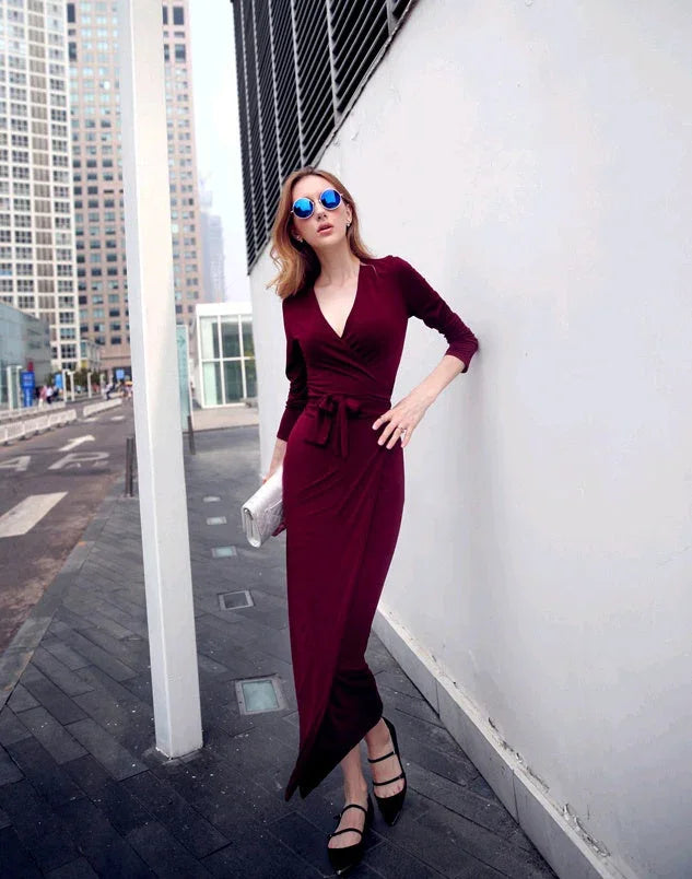 New V-neck Tie Waist Slim Slimming Dress - VAleG