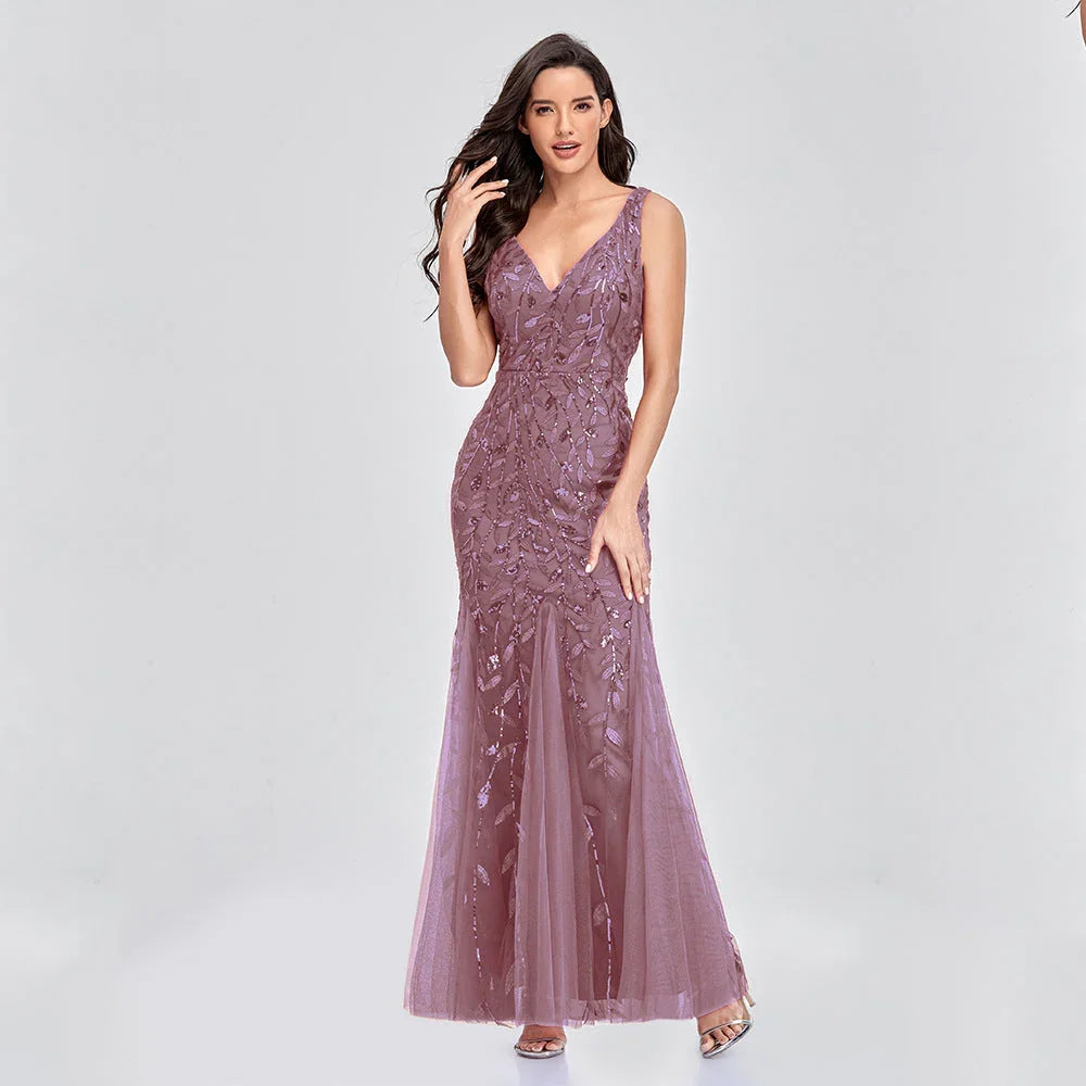 Sexy Long Dress Sleeveless V-neck Embroidered Sequin Slim Mermaid Dress - VAleG