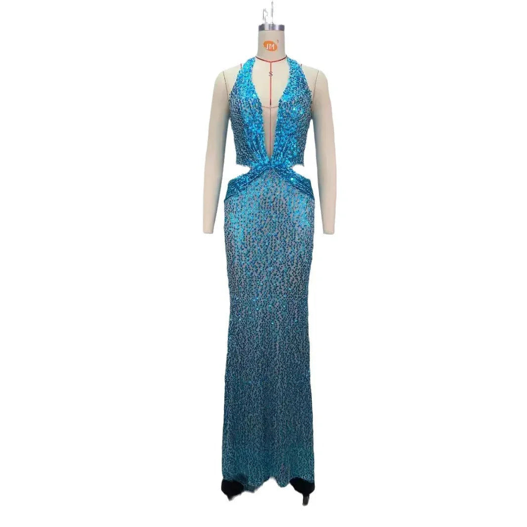 New Halter Deep V-neck Slim Slimming Party Stage Host Hostess Evening Dress - VAleG
