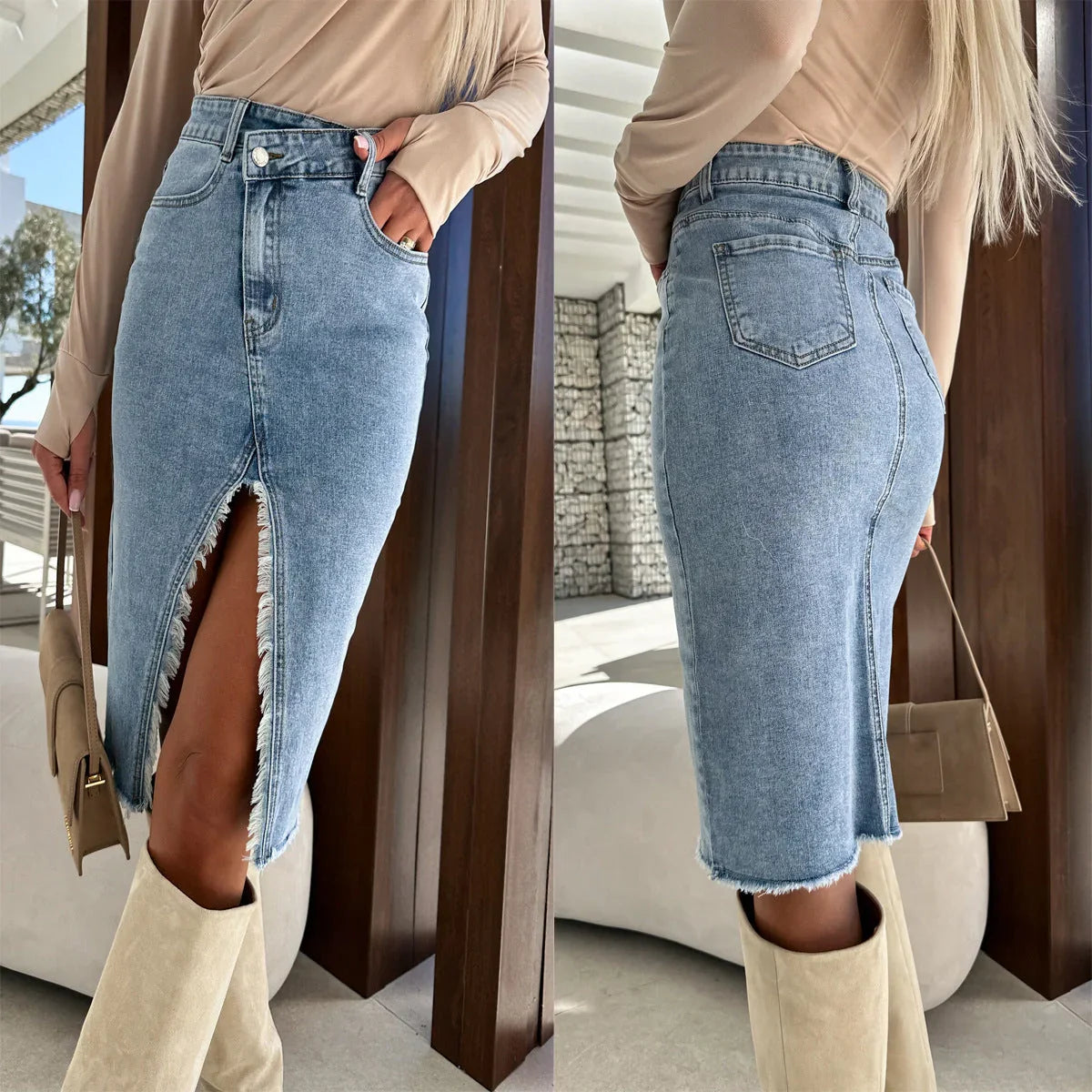 Split Fashion Casual Solid Denim Buttocks Skirt - VAleG
