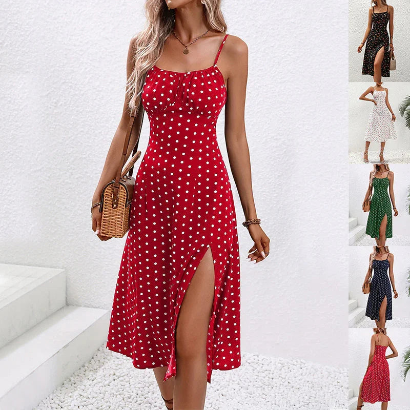 New Polka Dot Print Suspender Dress Summer Sexy Split Long Dresses For Womens Clothing - VAleG