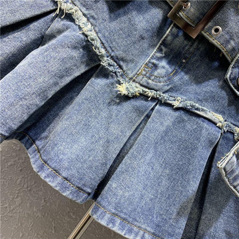 Retro Light Blue Sweet Girl Pleated Denim Skirt Small Slim A- Line Skirt - VAleG