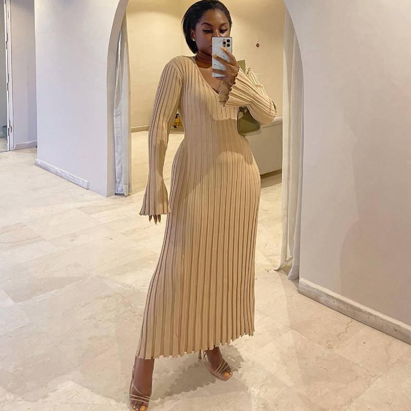 Casual Waist-skimming V-neck Large Pit-striped Slim Knitted Maxi Dress For Women - VAleG