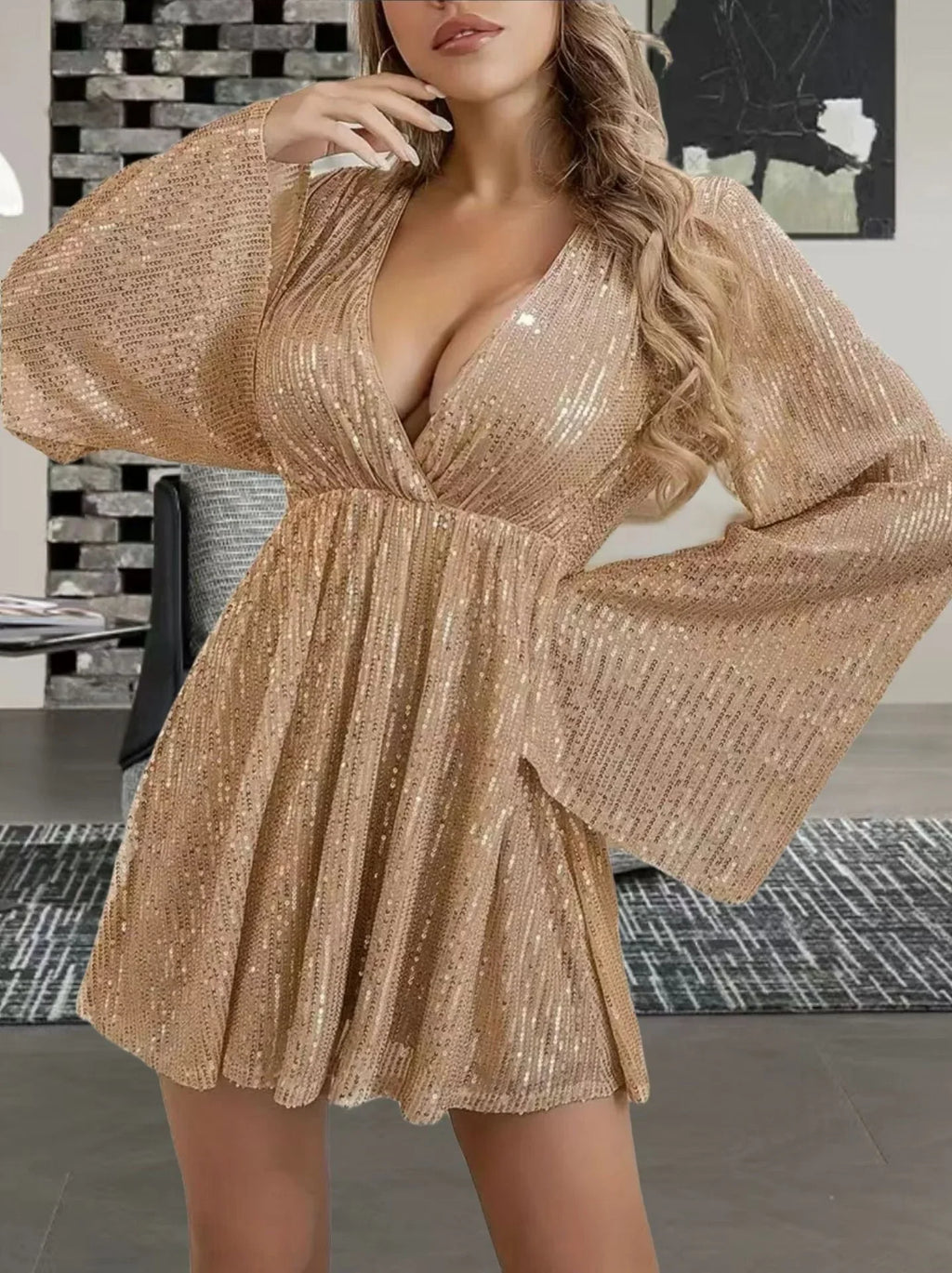 V-neck Sequin Waist Slimming Senior Party Evening Dress - VAleG