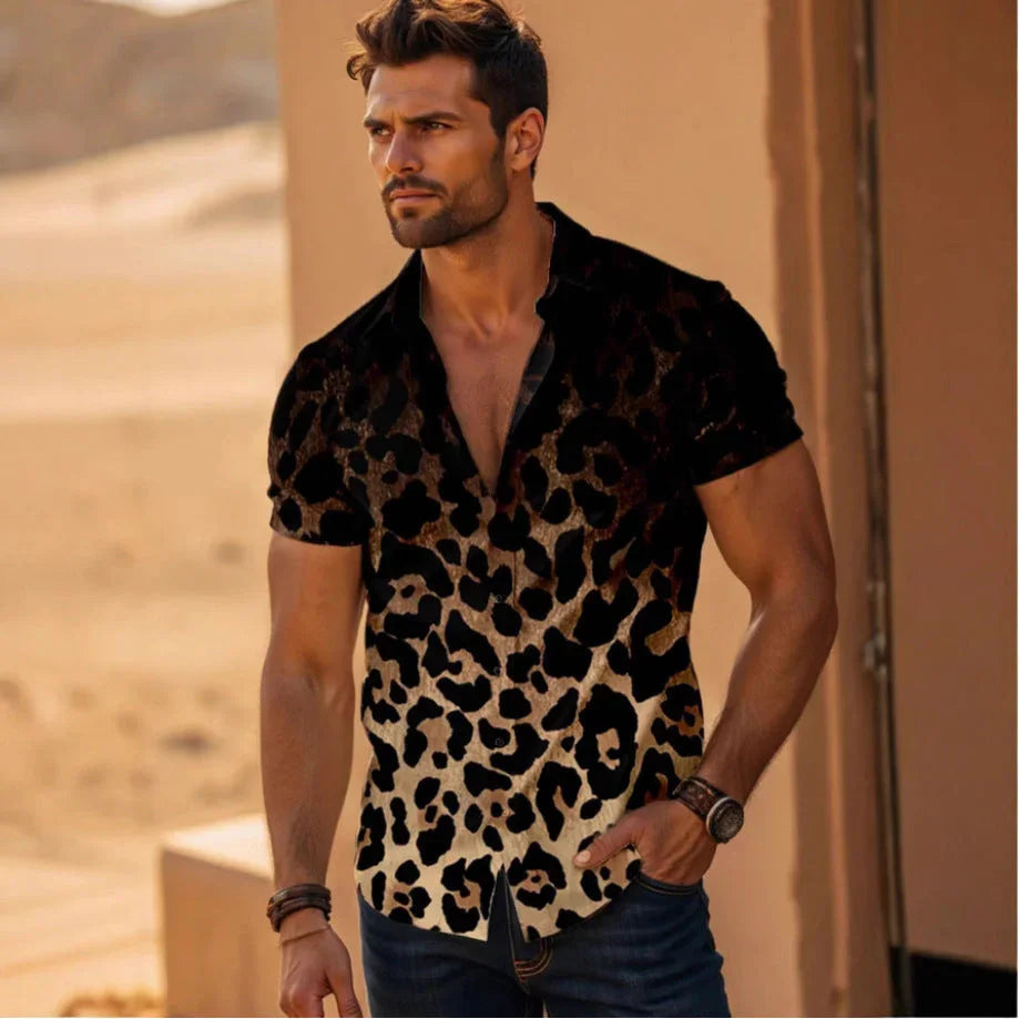 Four-sided Elastic Leopard Print Shirt Men - VAleG