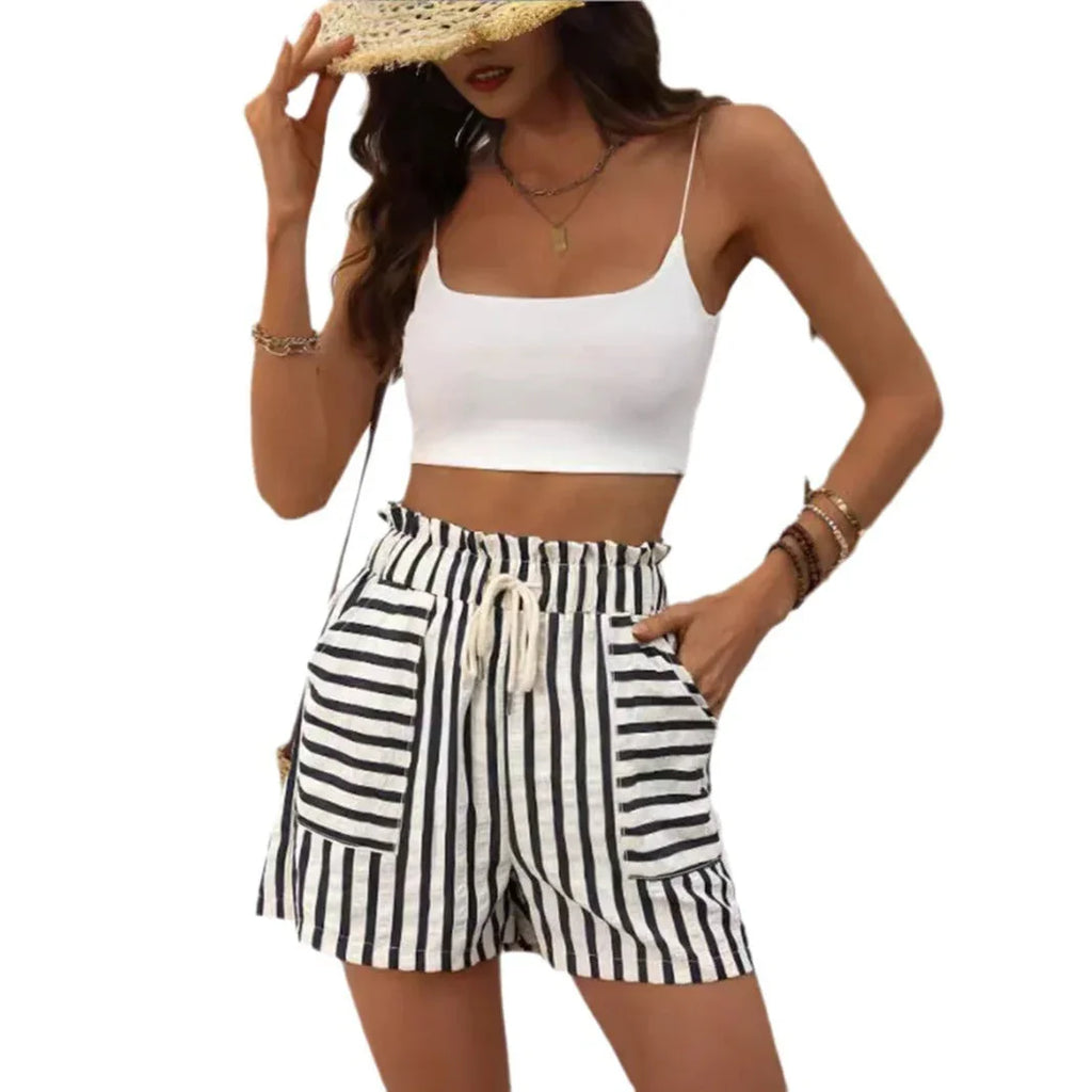 Women's Fashion Striped Casual Loose Elastic Belt Shorts - VAleG