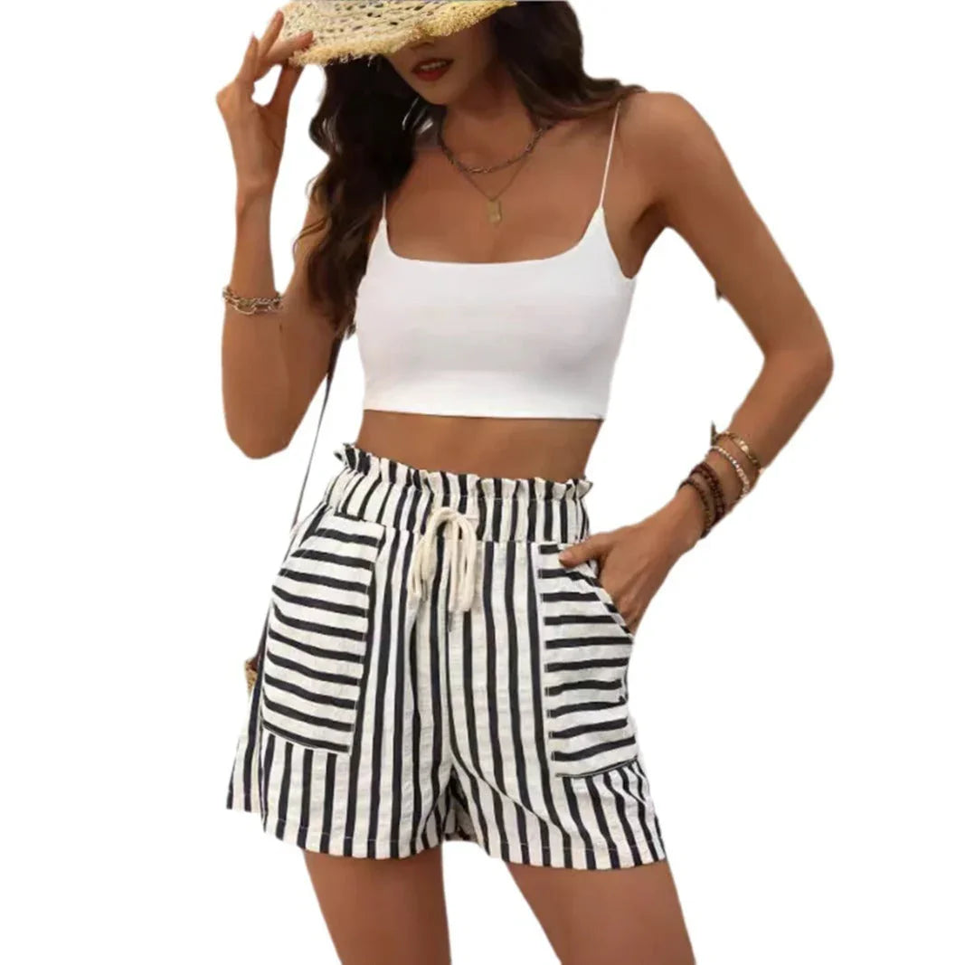 Women's Fashion Striped Casual Loose Elastic Belt Shorts - VAleG