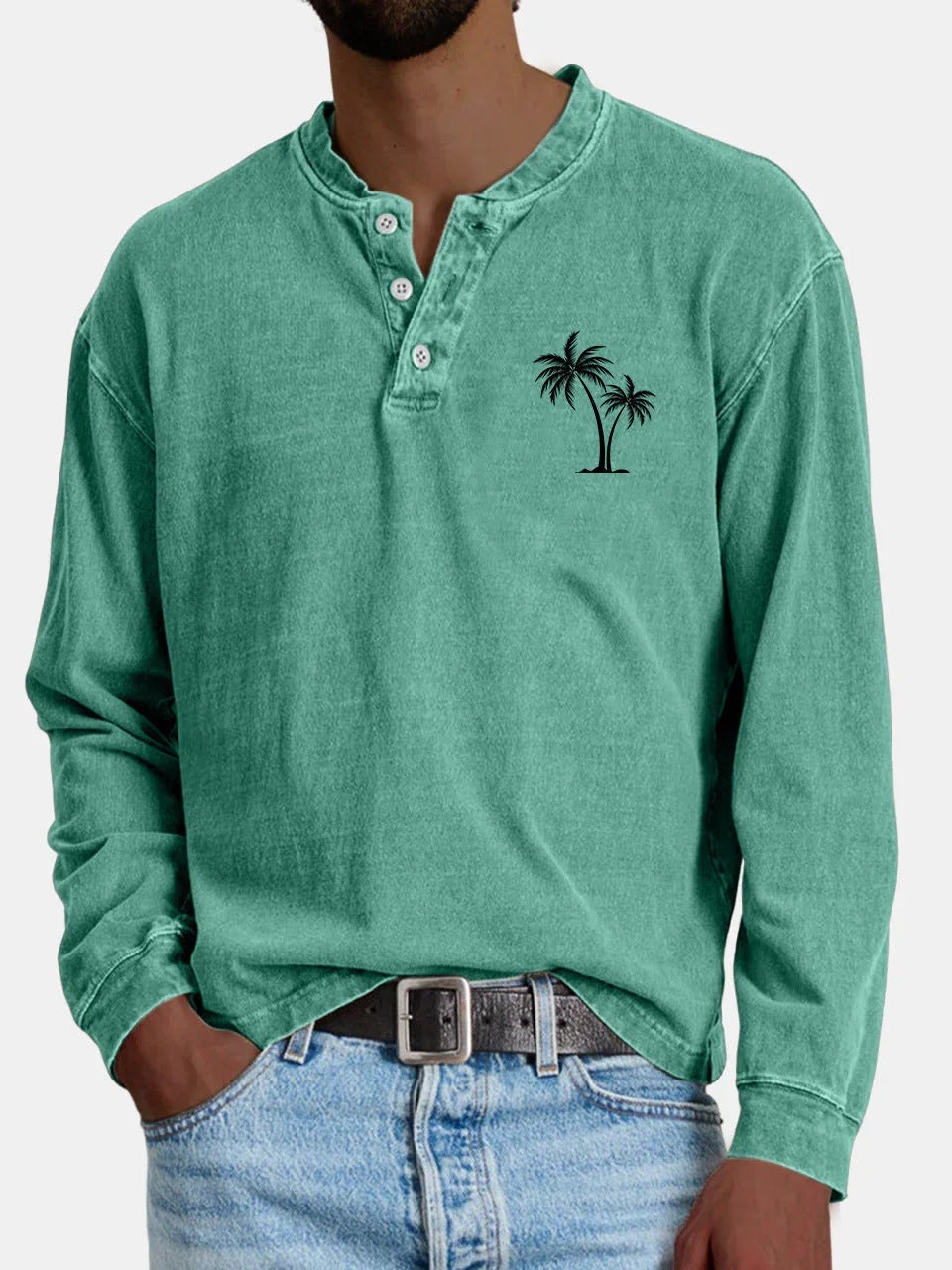 Digital Printing Two-color Henley Shirt 7-button Men's Casual Long Sleeve - VAleG