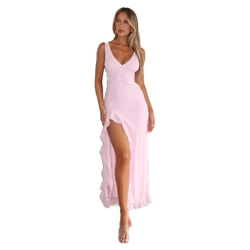 Women's Slim-fit Suspender Dress V-neck Flounce - VAleG