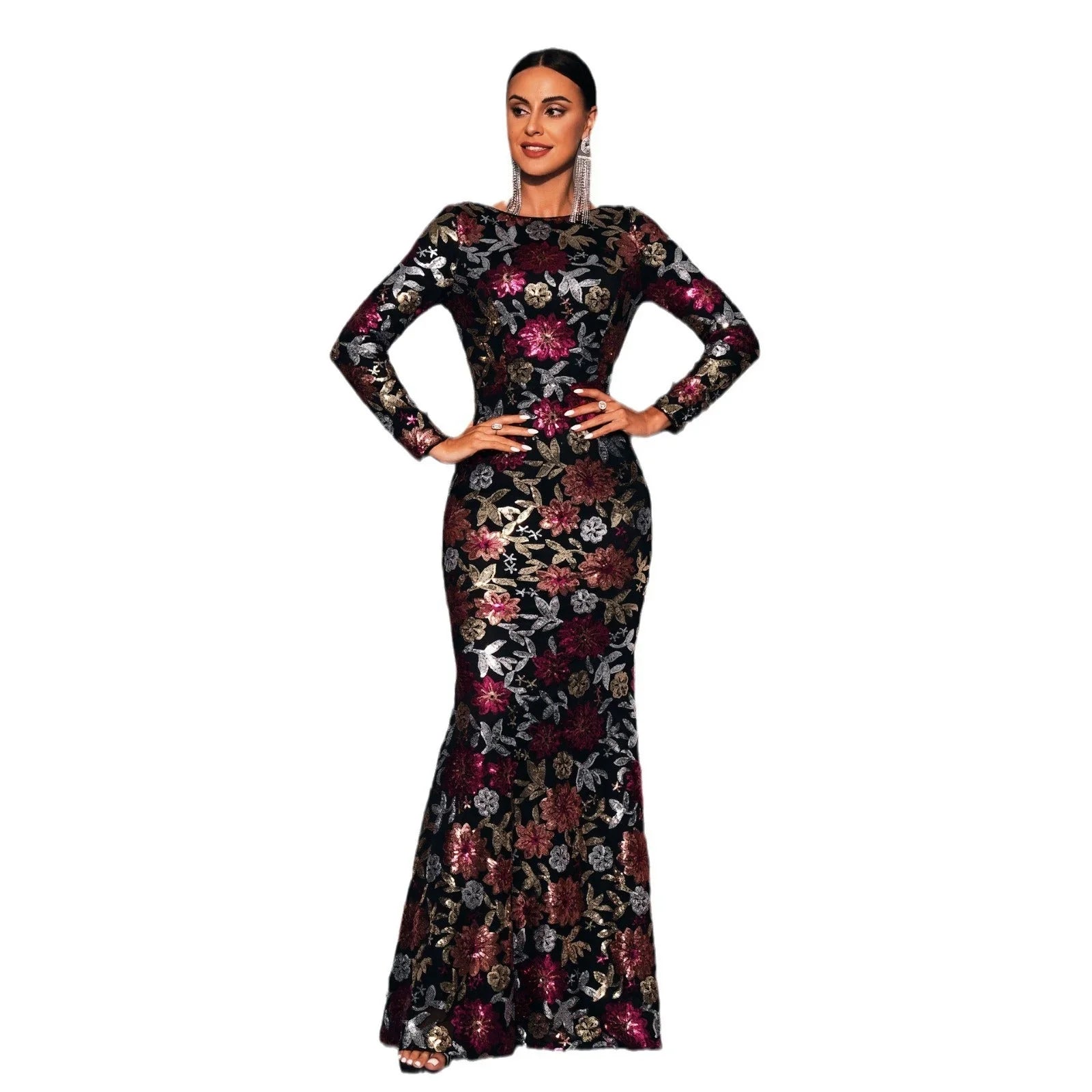 Evening Gown Long Sleeve Temperament Crew Neck Long Sequined Banquet Bridesmaid Dress - VAleG