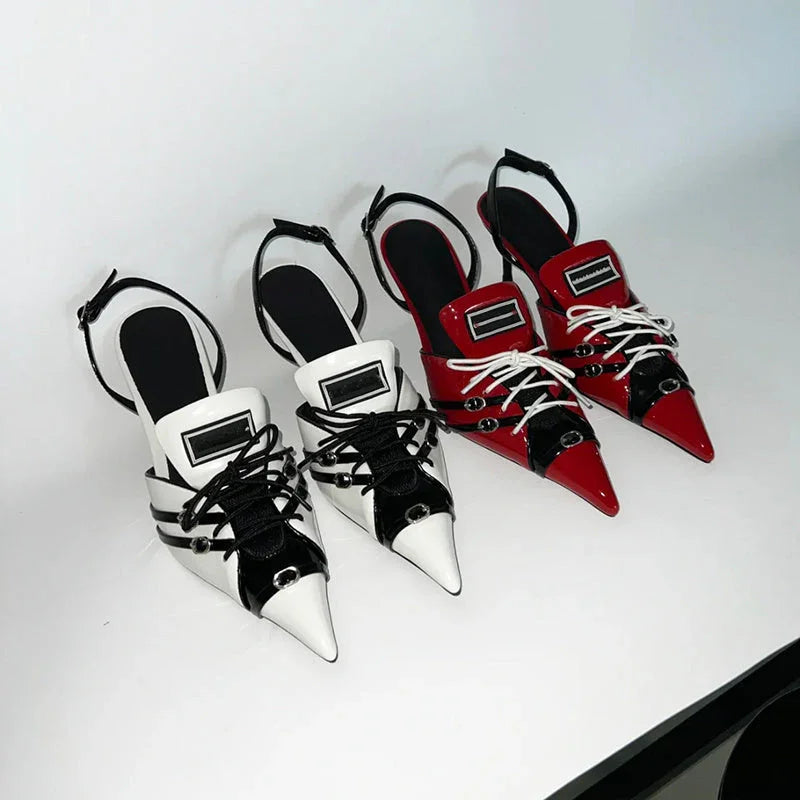 Retro Pointed Stiletto Heel Hollow Patent Leather Sandals For Women - VAleG