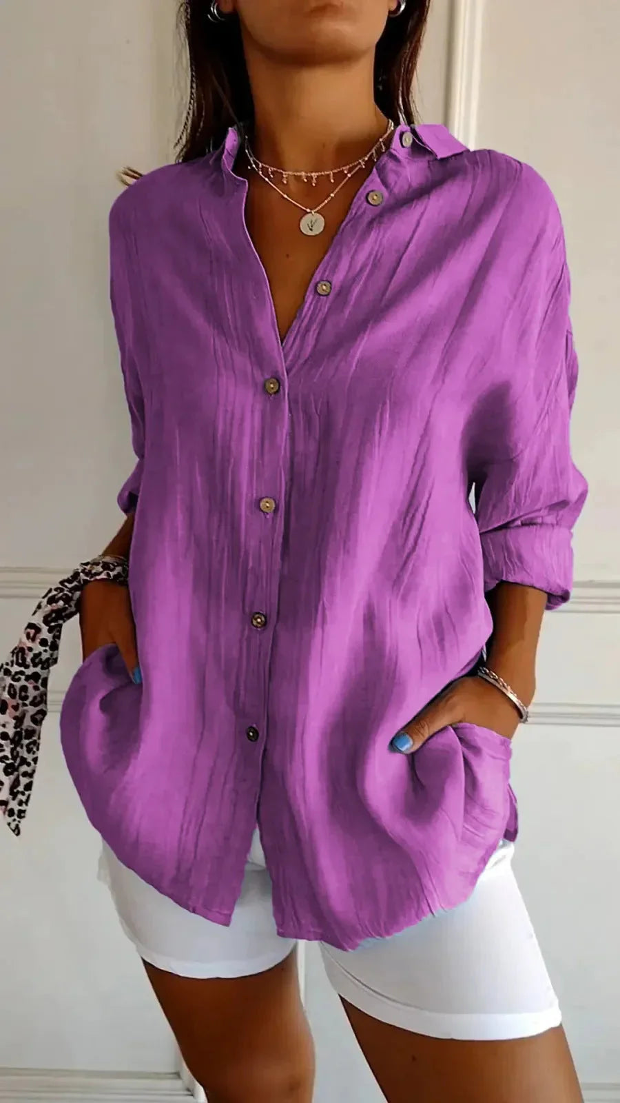 Lapel Long Sleeve Shirt Women's Single-breasted Pleated Shirt - VAleG