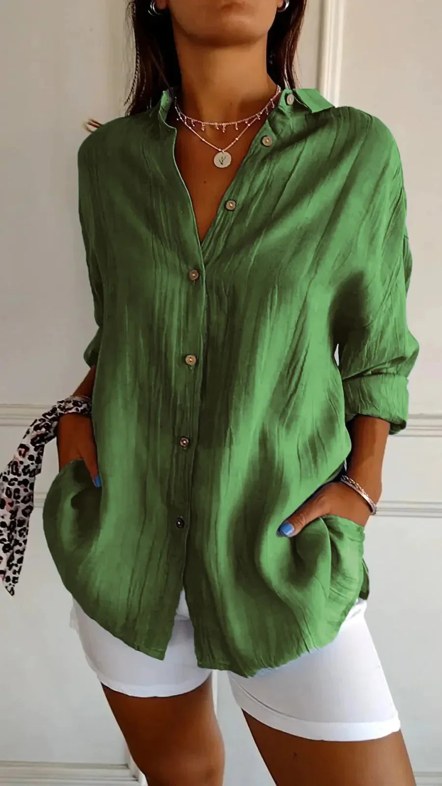 Lapel Long Sleeve Shirt Women's Single-breasted Pleated Shirt - VAleG