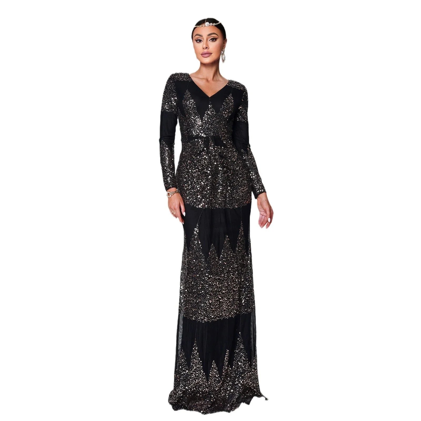 Long Sleeve V-neck Sexy Slim-fit Long Sequined Banquet Evening Dress - VAleG
