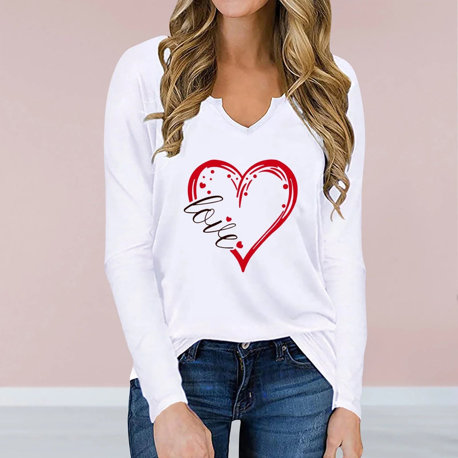 Vneck Valentines Day Printed Tshirt Cross-border Longsleeved Loose Top - VAleG