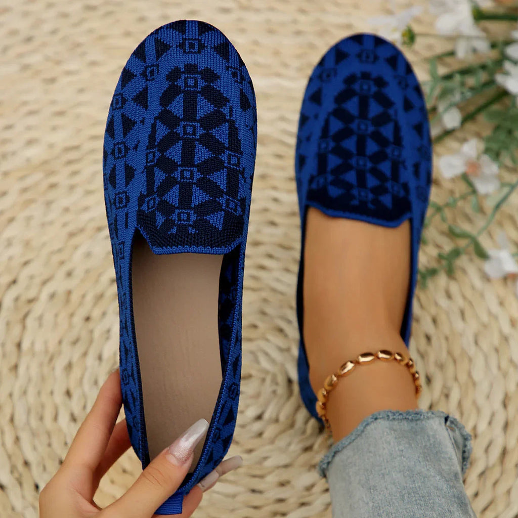 Printed Round Toe Flat Shoes Fashion Casual Hollow Breathable Knitted Shoes Loafers For Women - VAleG