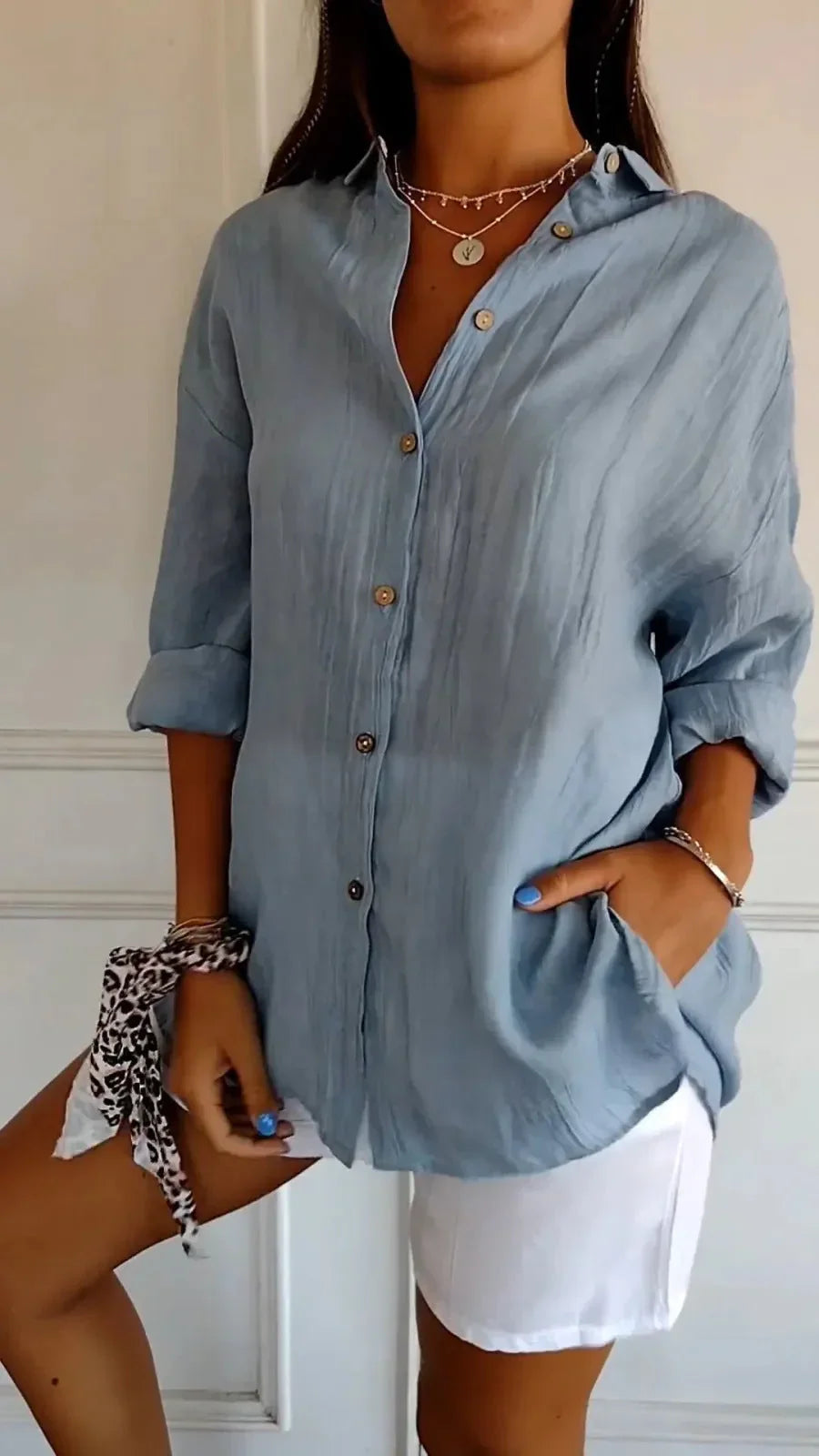 Lapel Long Sleeve Shirt Women's Single-breasted Pleated Shirt - VAleG
