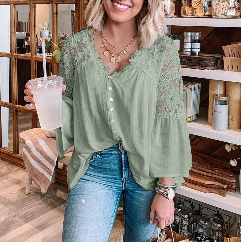 Womens Solid Color V Stitching Breasted Flared Sleeve Top - VAleG