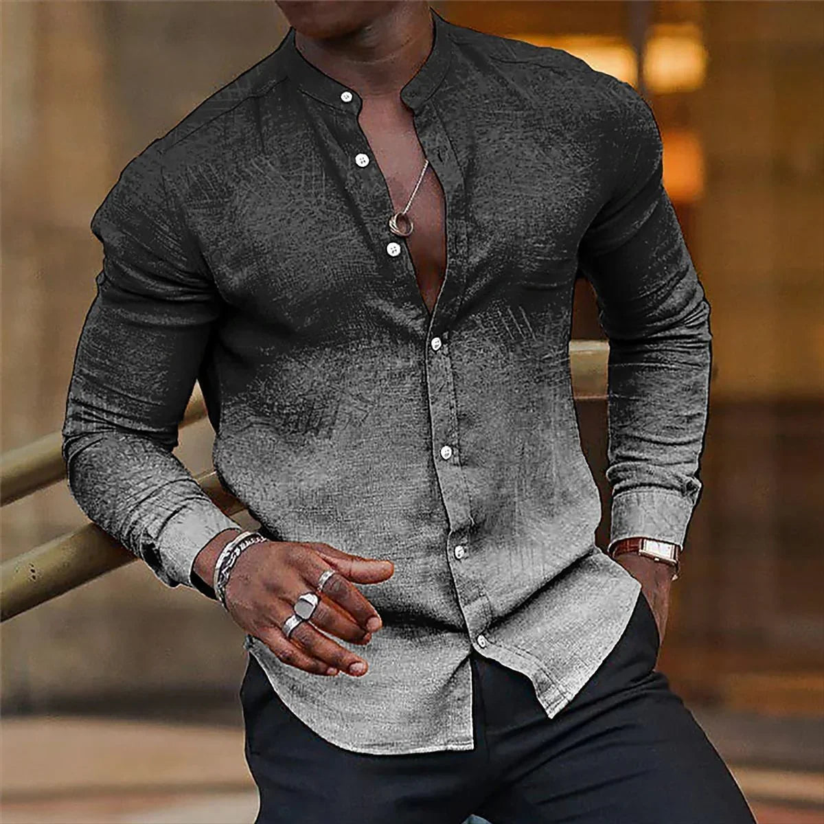 Gradient Men's Casual Long Sleeve Stand Collar Shirt - VAleG