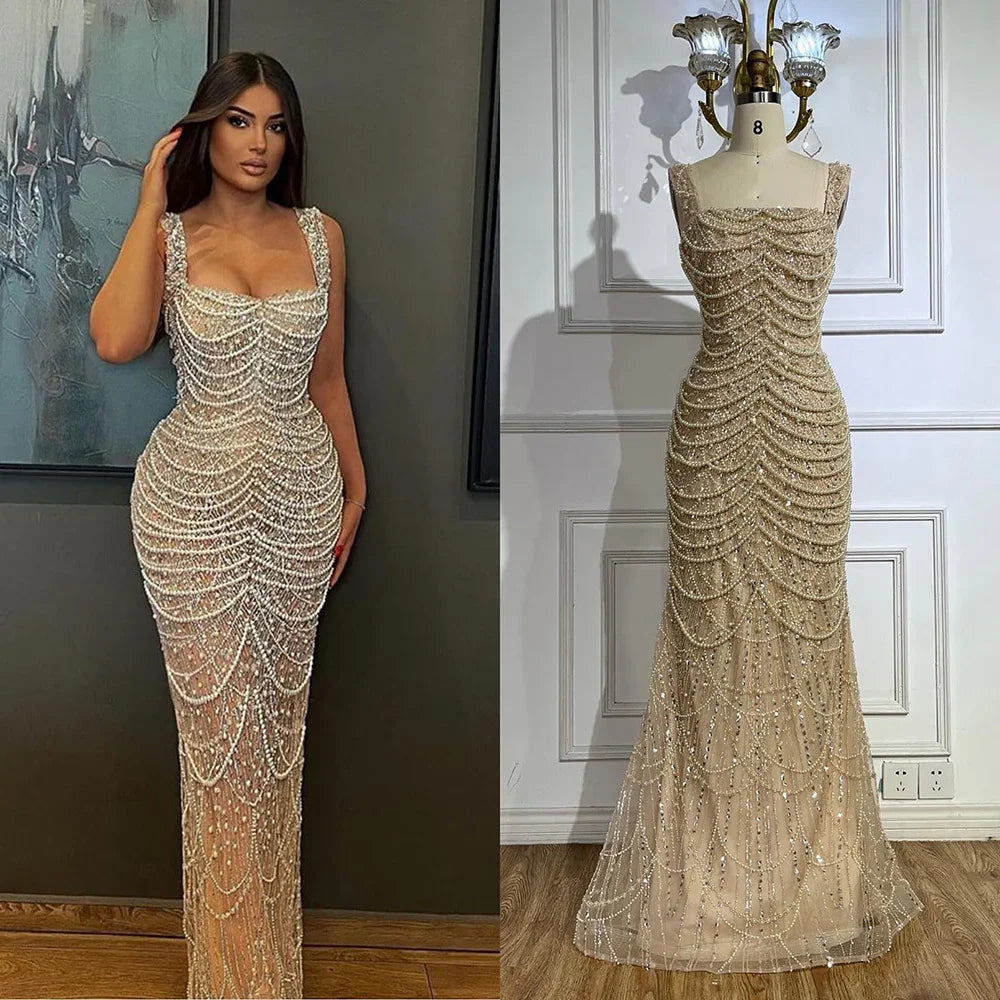 Nude Elegant Sling Light Luxury High-end Pearl Beaded Dress - VAleG