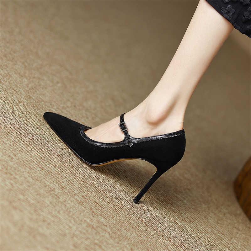Women's Stiletto Heel Genuine Leather Buckle Pointed Toe Low-cut Shoes - VAleG