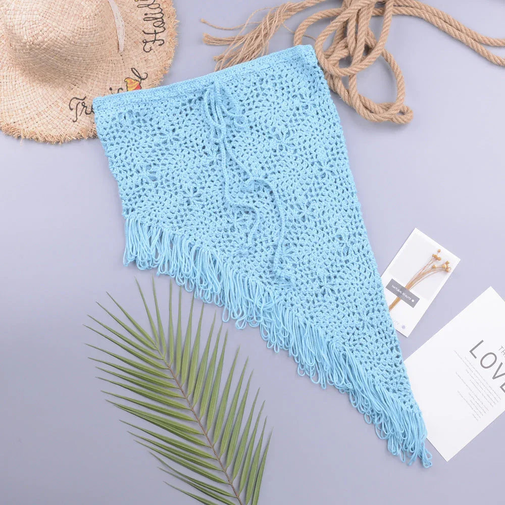 European And American Women's See Through Hollow Knitted Skirt With Slanted Fringe Beach - VAleG