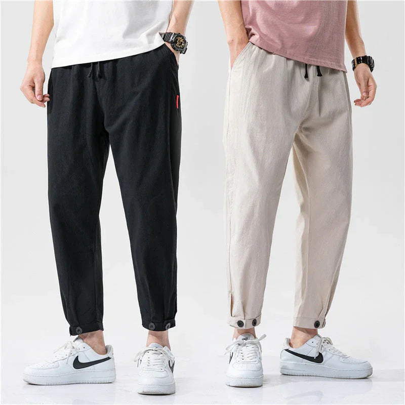 Men's Straight Casual Loose Cotton And Linen Cropped Pants - VAleG
