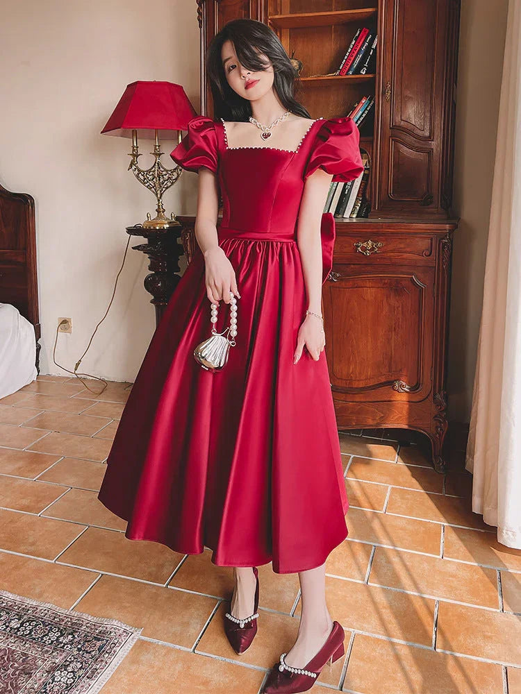 Winter Wine Red Engagement Daily French Princess On The Run Satin Dress - VAleG
