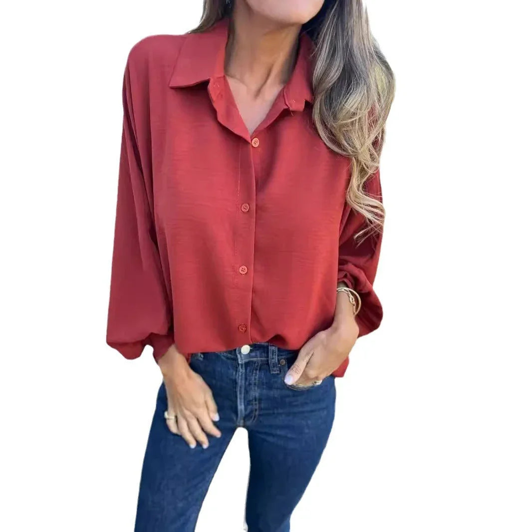 Women's Long-sleeved Lapel Button Shirt Top - VAleG