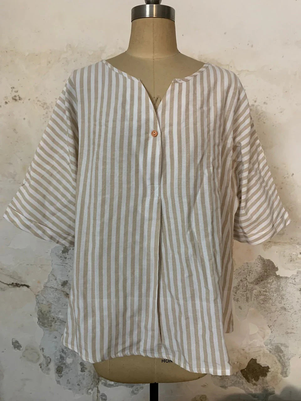 V-neck Striped Loose Short-sleeved Cotton And Linen Shirt - VAleG