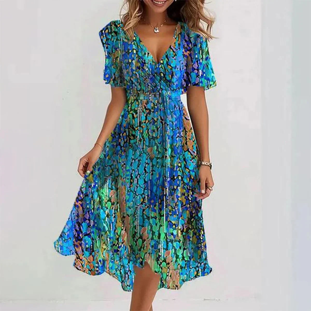 Chiffon Printed Short Sleeve Dress Summer Elegant V-neck Dresses Womens Clothing - VAleG