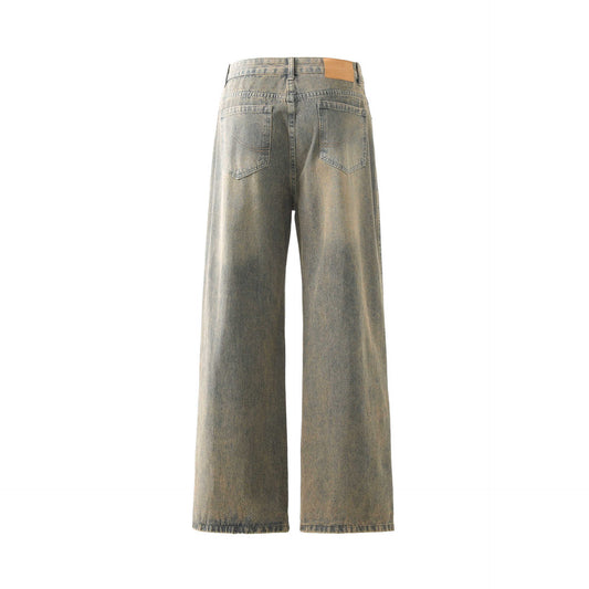Retro Washed Ripped Jeans Loose Straight Casual Trousers VAleG