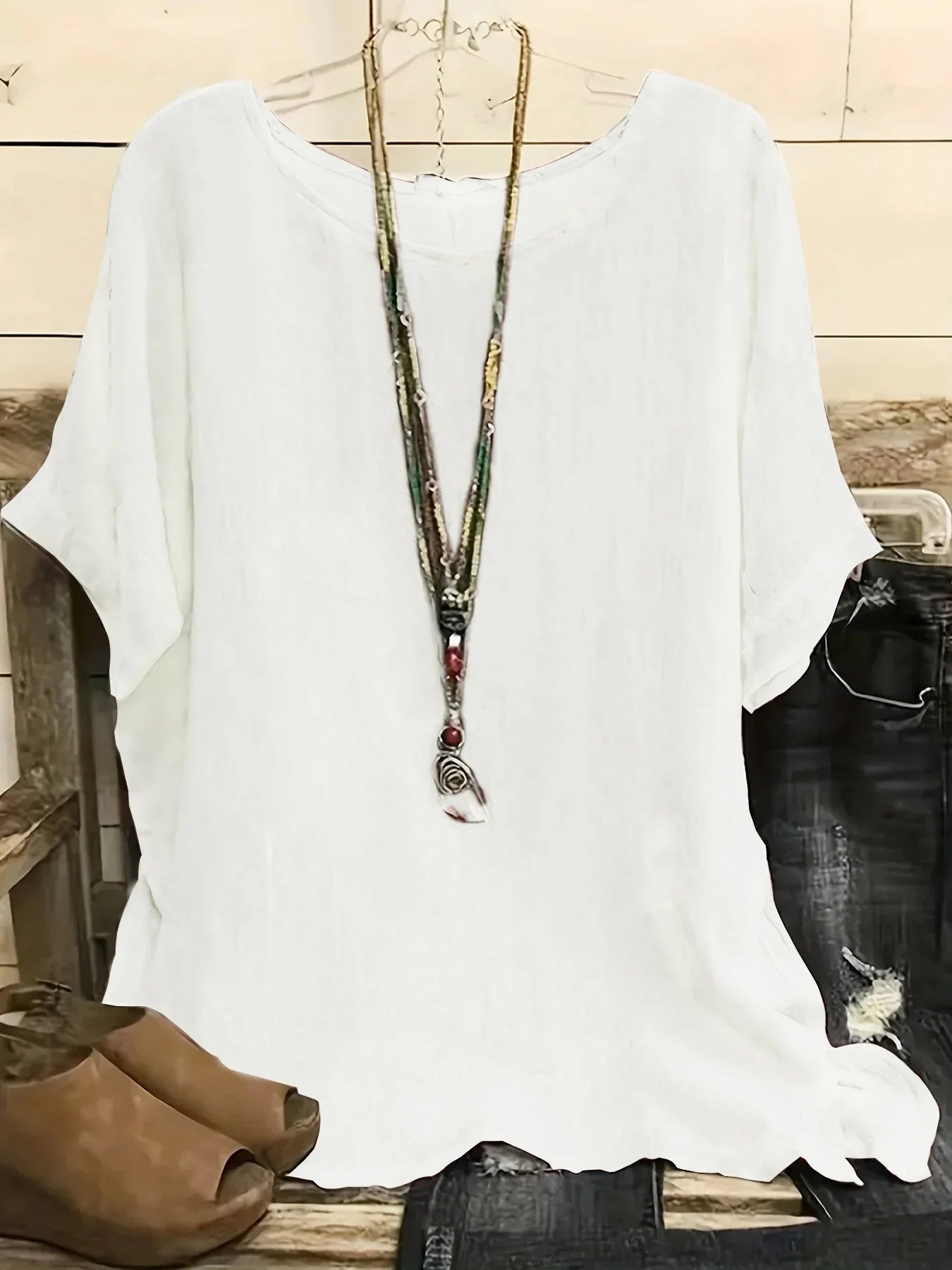 Women Fashion Casual Shirts Solid Color 3 4 Sleeve Round Neck Blouses Summer Loose Tops Streetwear - VAleG