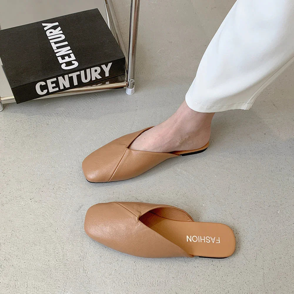 Square Toe Cap Half Slippers Women's Flat Plus Size Sandals - VAleG