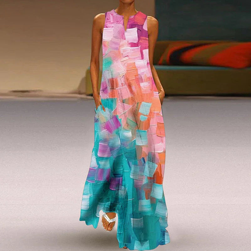 Printed V-neck Pocket Long Dress Swing - VAleG