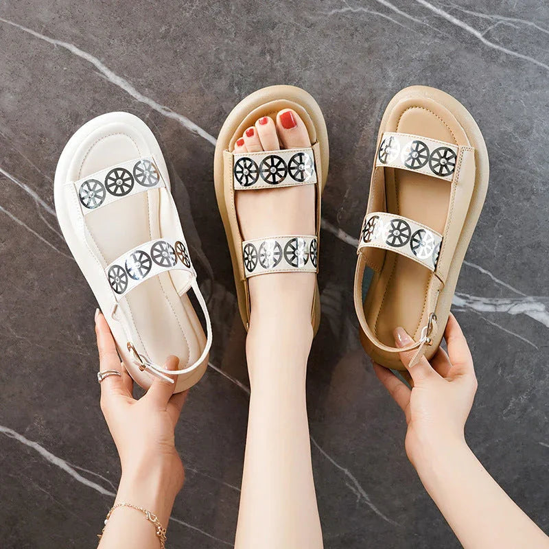 Women's Leather Velcro Flat Sandals - VAleG