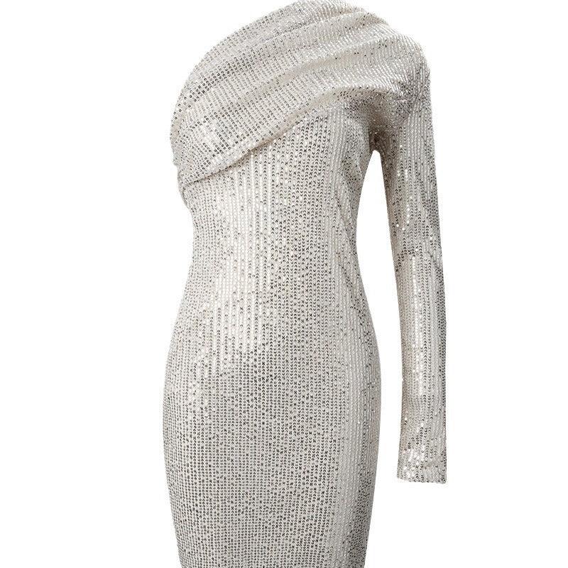 Silver One Shoulder Sequin Formal Dress - VAleG