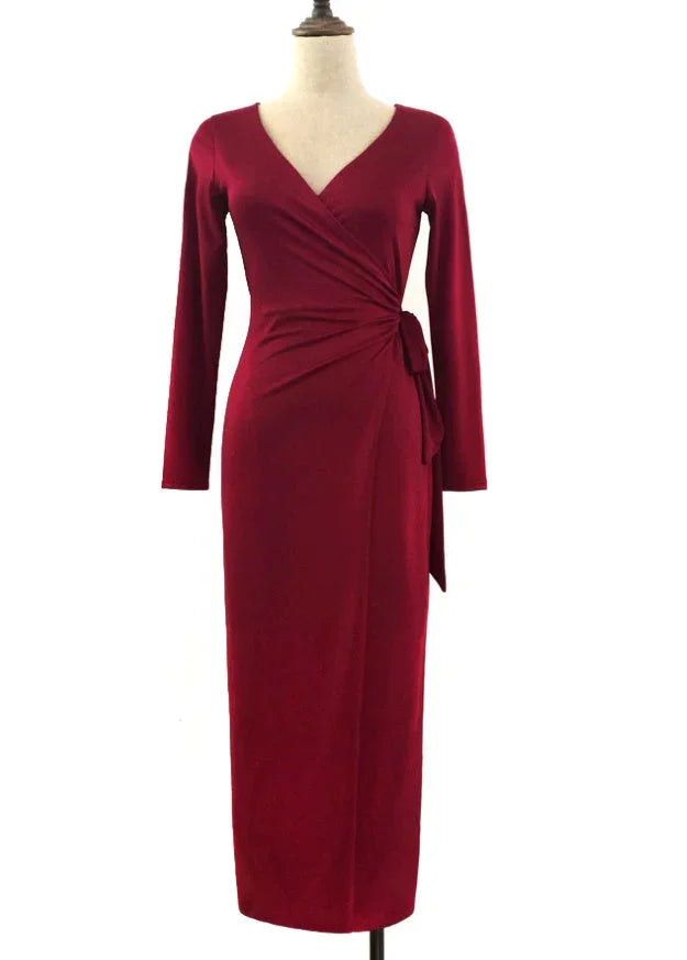 New V-neck Tie Waist Slim Slimming Dress - VAleG
