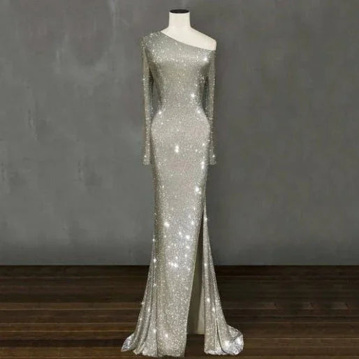 Europe and the United States one shoulder asymmetric sparkling crystal long dress skirt dress - VAleG