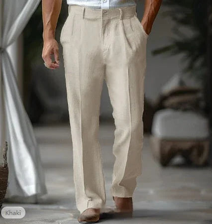 Men's Linen Double Pleated Front Pocket Solid Color Fashion Casual Straight Trousers - VAleG