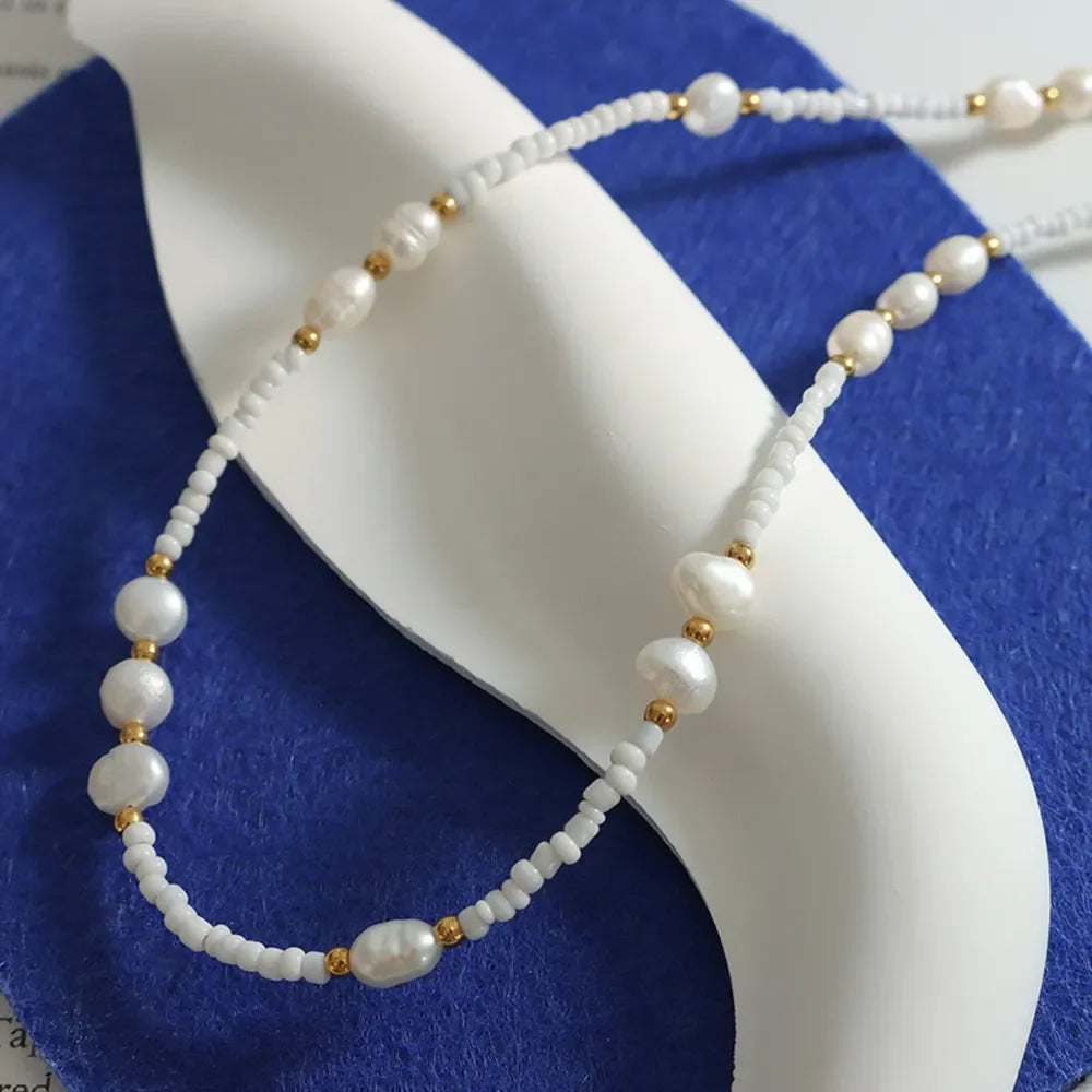 Titanium Steel Glass Bead Pearl Necklace - VAleG