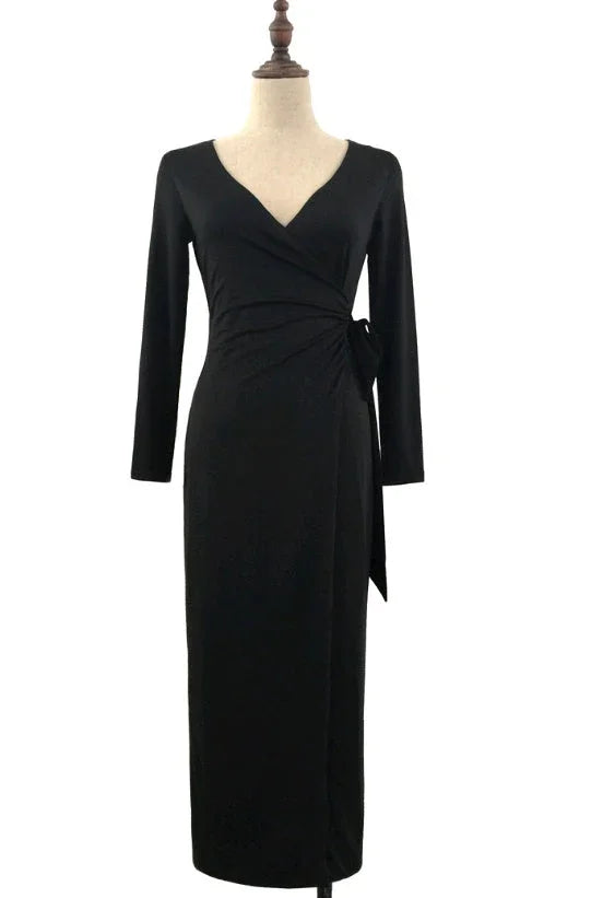 New V-neck Tie Waist Slim Slimming Dress - VAleG
